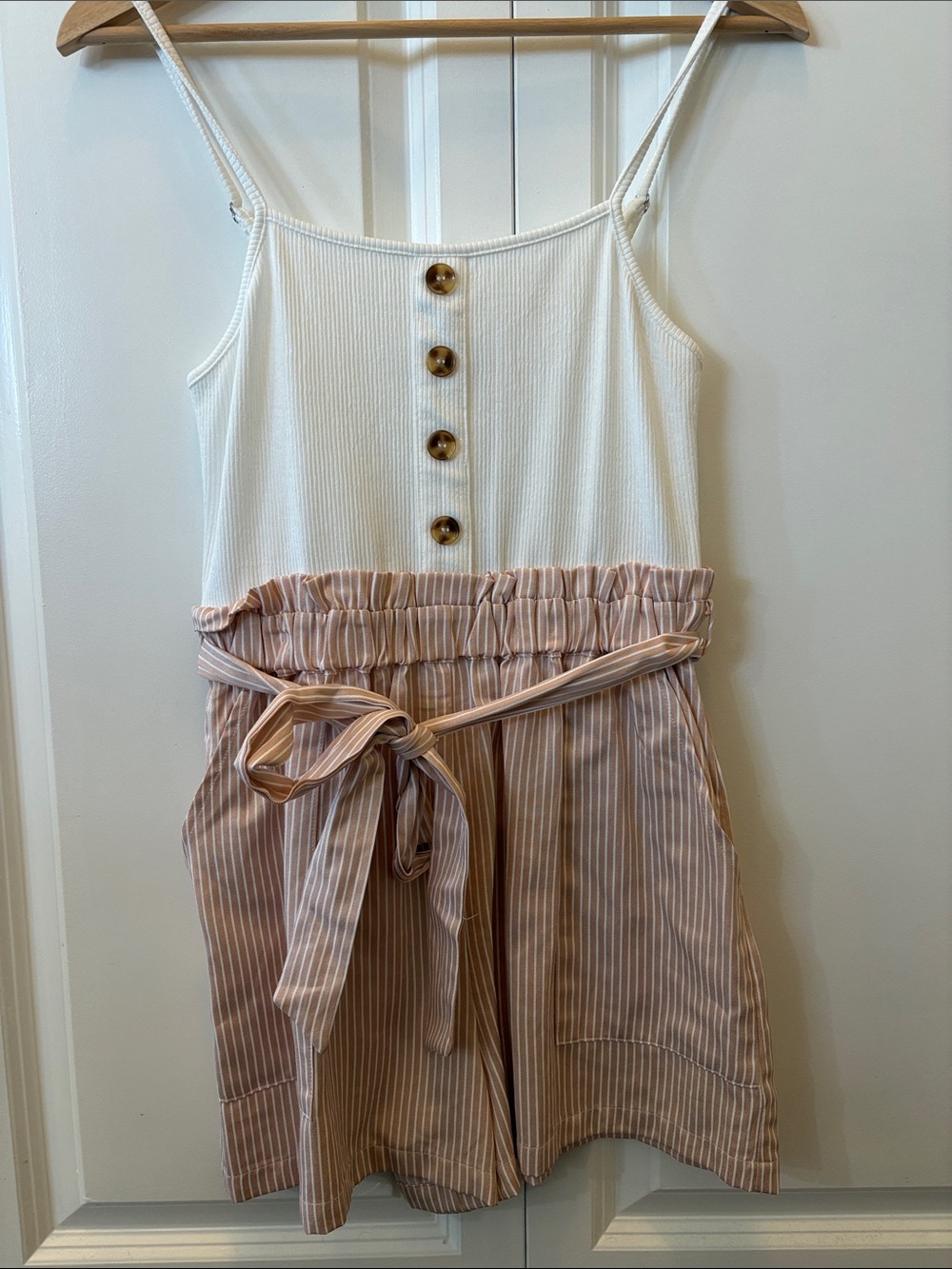 Cupshe Cream & Blush Striped Tie-Waist Romper